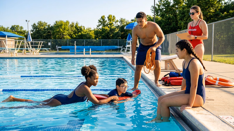 Scouts in swimsuits practicing rescue techniques at a pool with a lifeguard instructor watching