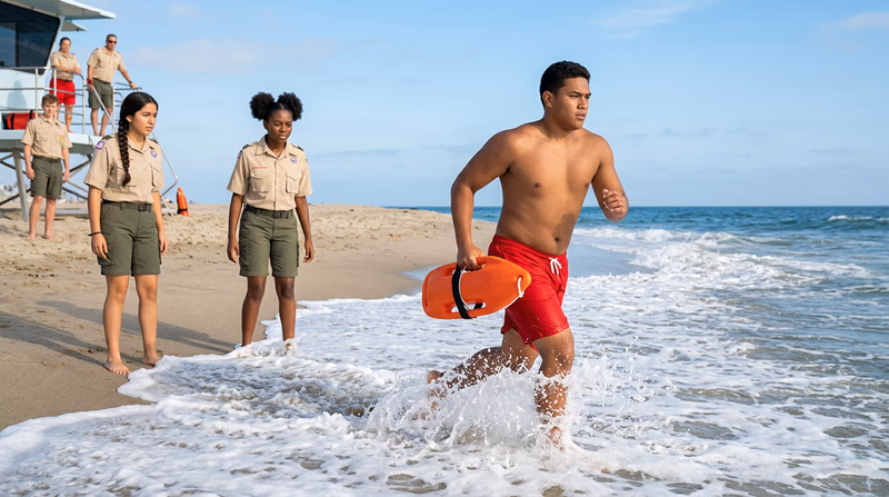 A lifeguard running into ocean surf with a rescue buoy, waves breaking in the background