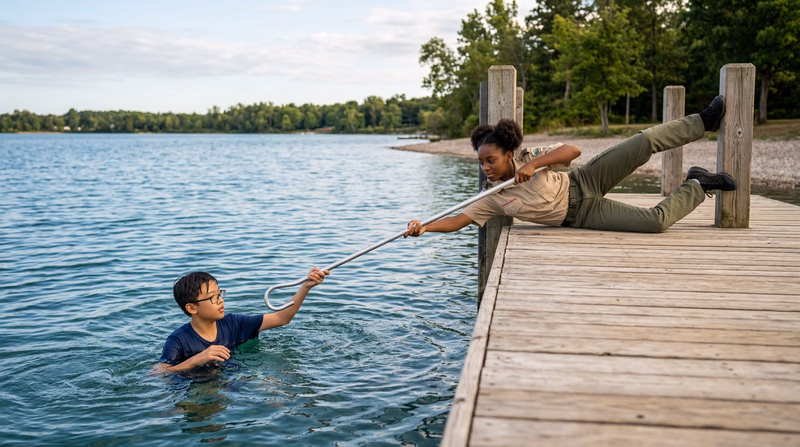 A Scout lying flat on a dock, braced against a post, extending a long pole toward a swimmer in the water who is reaching for it