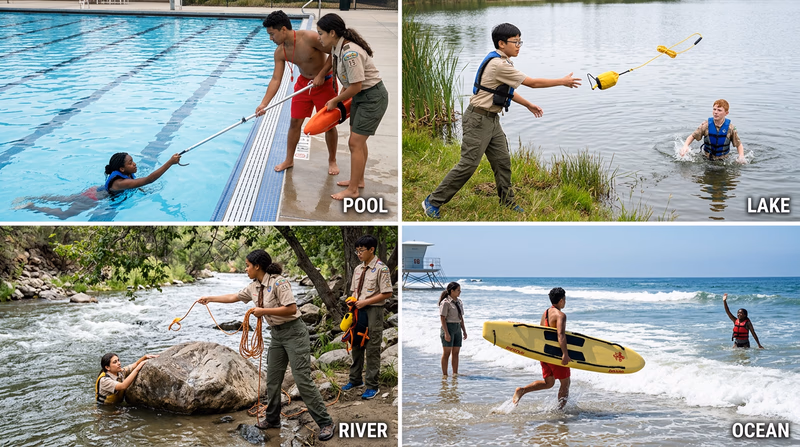A four-panel illustration showing rescue approaches in different settings: pool, lake, river, and ocean