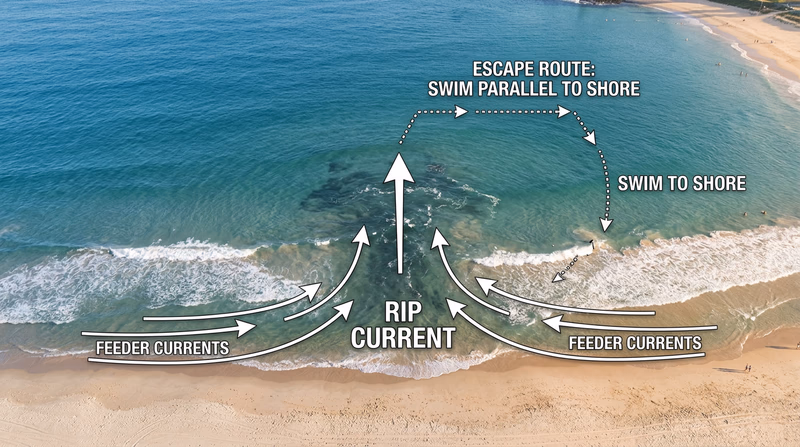 A diagram showing a beach from above with a rip current flowing away from shore, arrows showing the current direction and the escape path swimming parallel to shore