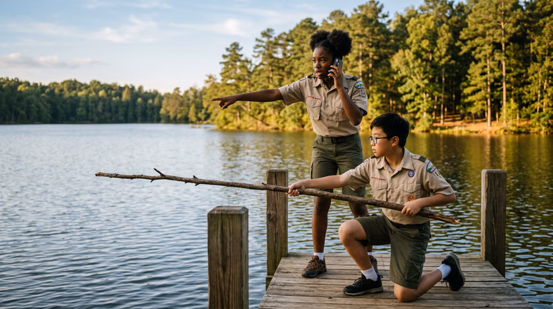 A Scout on a dock calling 911 on a phone while pointing toward the water, another Scout extending a pole from the shore