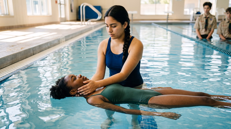 A rescuer standing behind a faceup victim in waist-deep water, hands cradling the victim's head with forearms bracing the shoulders, victim floating at the surface in a straight line