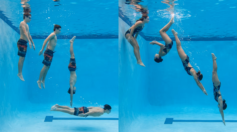 Side-by-side illustrations showing the feetfirst surface dive and headfirst pike dive with body positions at each stage
