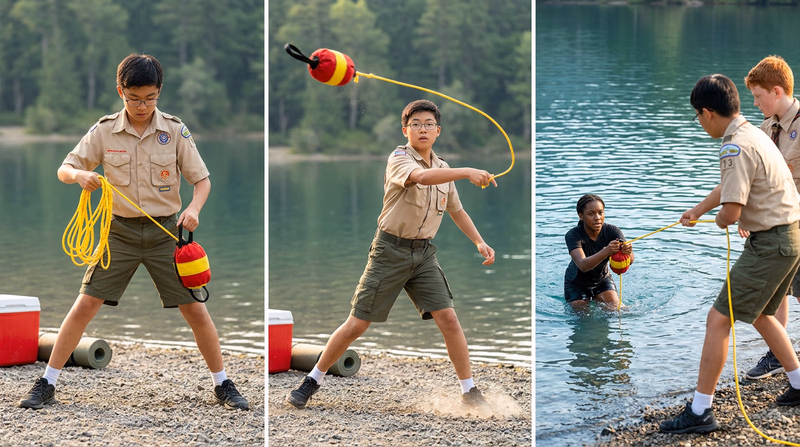 A three-panel sequence showing a Scout coiling a throw bag rope, throwing the bag, and pulling the rope as the person grabs the bag