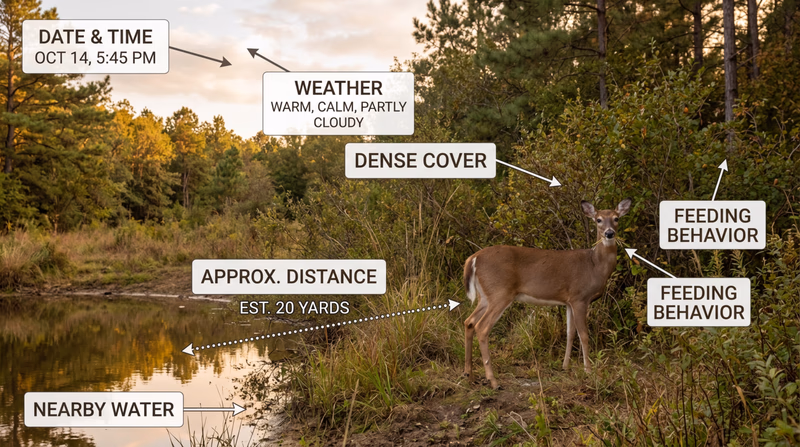 Sample wildlife photo with callouts for date, time, weather, distance, habitat conditions, and behavior notes