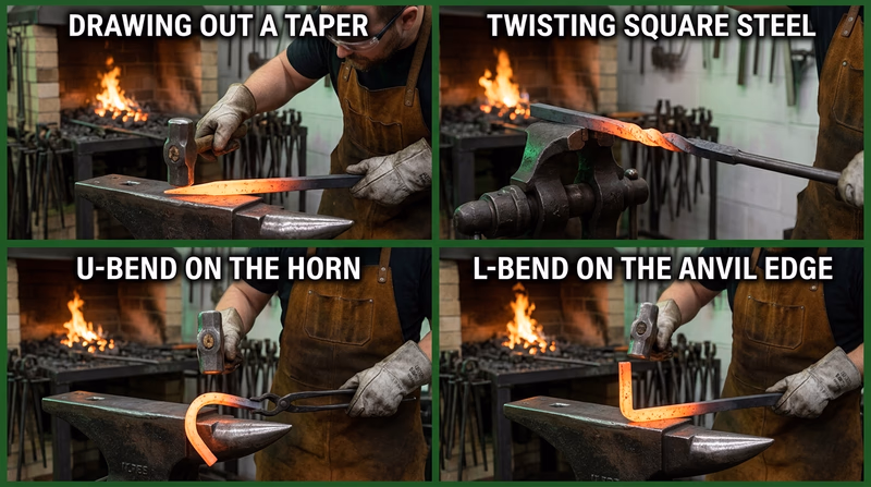 A four-panel instructional layout showing drawing a taper, making a U-bend on the horn, twisting square steel, and making an L-bend on the anvil edge