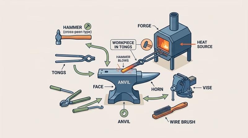 A blacksmith shop setup with forge, anvil, hammer, tongs, vise, and wire brush labeled by function