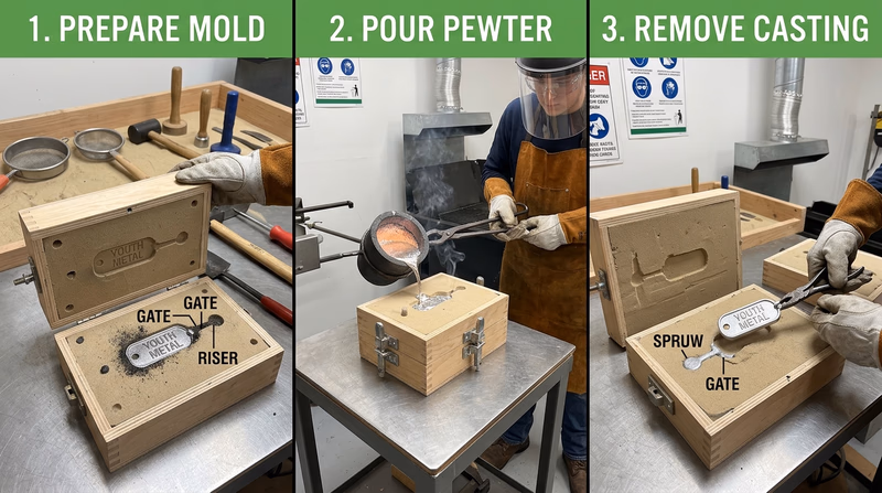 A step-by-step sequence showing a prepared two-piece mold, molten lead-free pewter being poured into the gate, and the finished casting after release