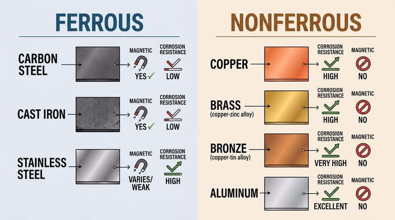 A side-by-side comparison showing common ferrous and nonferrous metals with icons for magnetism, corrosion resistance, and typical uses