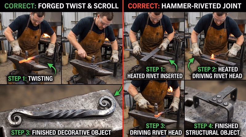 A sequence showing two forged blacksmith projects progressing from heated stock to shaped work to final finished objects with a decorative twist and hammer-riveted joint