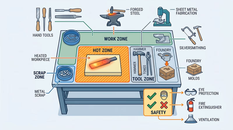 A metalworking bench showing a clearly marked hot zone, tool zone, and scrap zone around a freshly heated workpiece