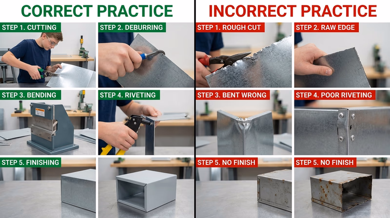 A step-by-step sequence showing a sheet metal edge being cut, deburred, bent, fitted, riveted, and then finished for corrosion protection