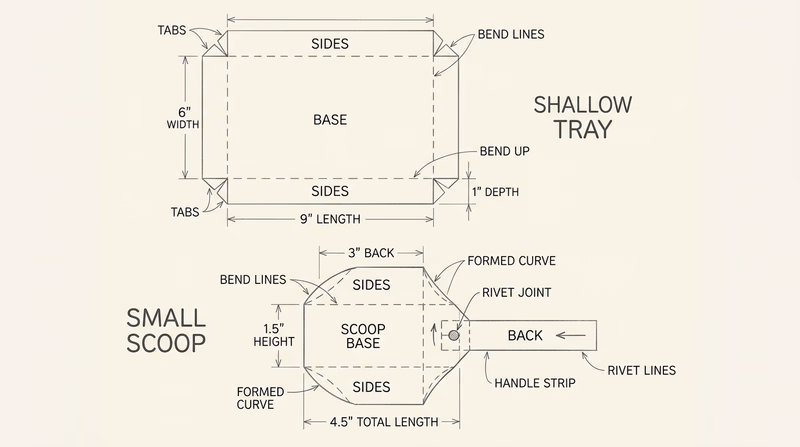A hand-drawn sheet metal project sketch showing a small tray and a scoop with labeled dimensions, bend lines, tabs, and separate parts identified