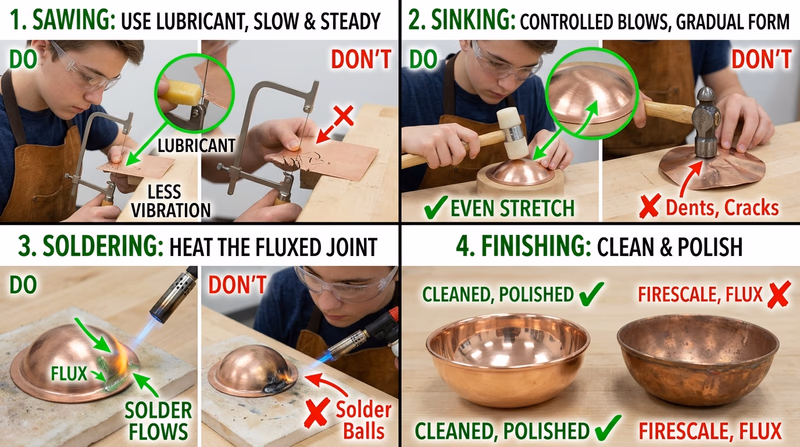 A four-step sequence showing copper sheet being sawed, a shallow sunken form being made, a soldered seam being heated, and the finished polished object