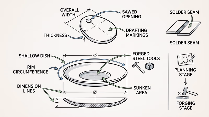 A silversmith project sketch showing a small pendant and a shallow dish with dimensions, sawed section, solder seam, and sunken area labeled