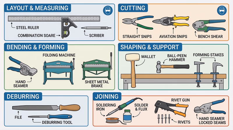 A neatly arranged set of tinsmith tools labeled by function: layout, cutting, bending, shaping, supporting, and joining