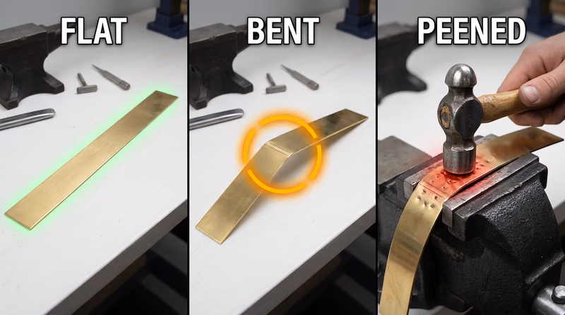 A three-panel sequence showing flat sheet metal, a 45-degree bend, and peening concentrated along the bend line