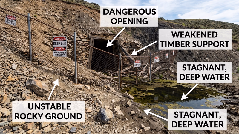 Fence and warning signs near an abandoned mine opening with unstable ground and dark water nearby