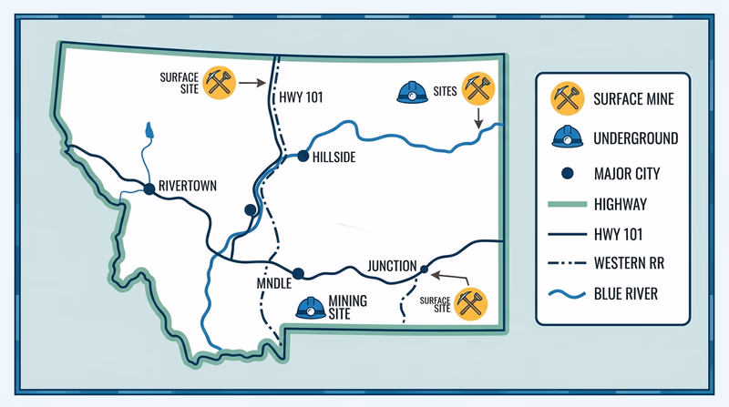 Example map showing five marked mining sites with surface and underground icons plus highway, rail, and river connections