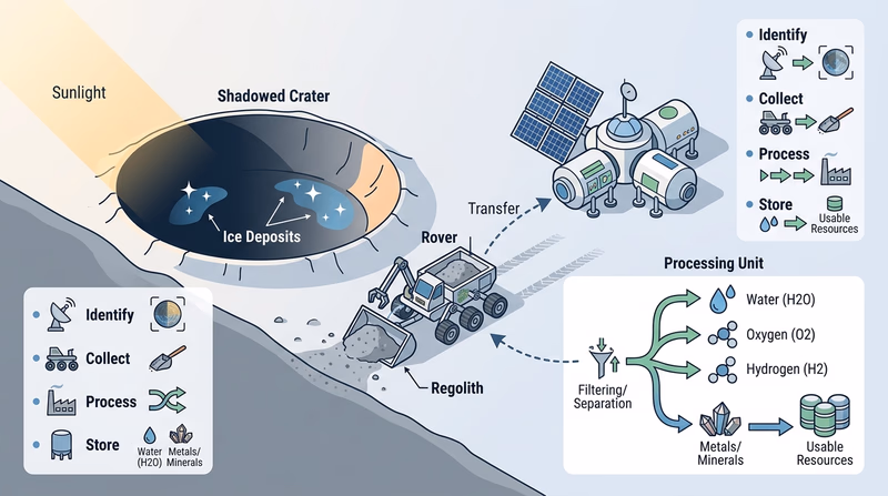 Concept diagram of a robotic rover collecting icy lunar soil near a crater and processing local resources