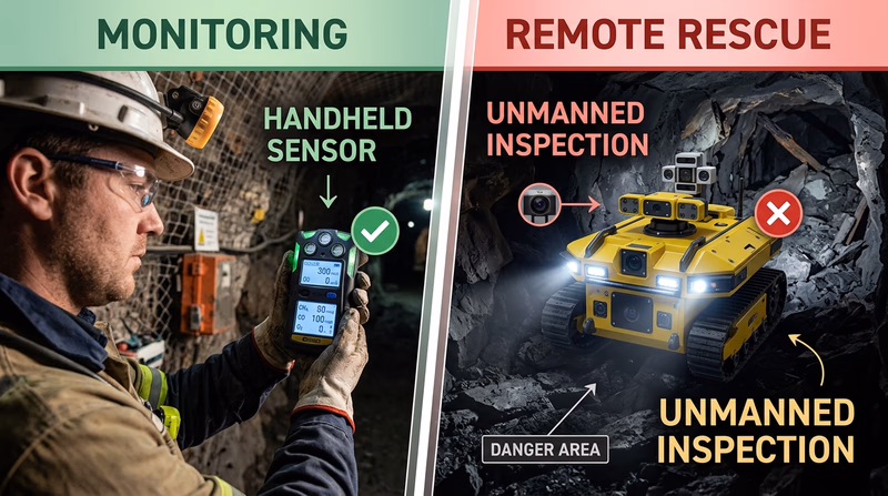 Split scene showing a handheld gas monitor underground and a rescue drone inspecting a hazardous mine area