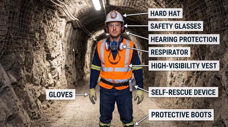 Miner wearing hard hat, safety glasses, hearing protection, respirator, self-rescue device, gloves, boots, and high-visibility vest with labels
