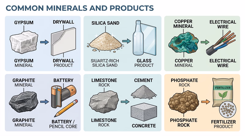 Grid showing raw minerals matched to common finished products such as gypsum to drywall and copper to wire