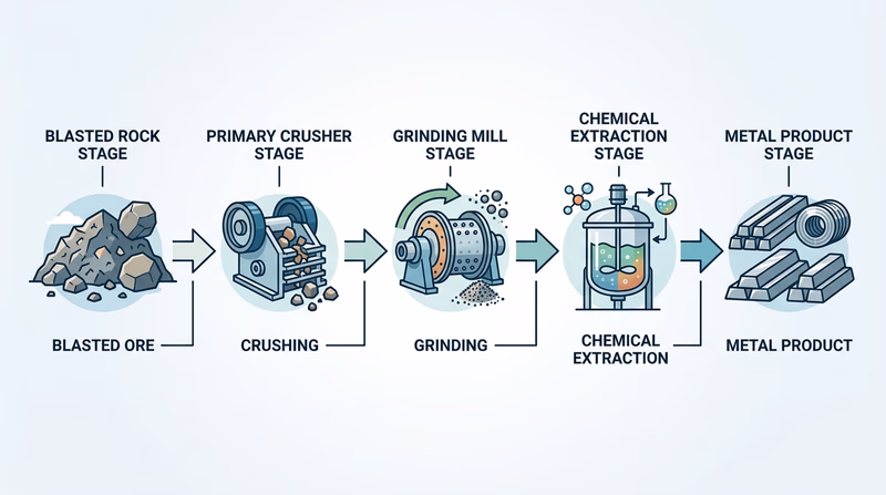 Process flow showing blasted rock moving to crusher, mill, chemical extraction, and metal product