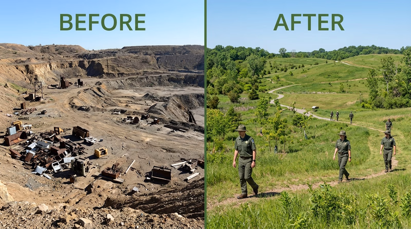 Before-and-after comparison of a former mine landscape transformed into green recreation land with trails and trees