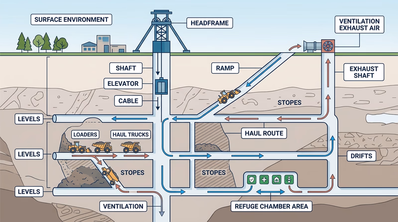 Cutaway diagram showing shaft, ramp, tunnels, ventilation, and refuge area inside an underground mine