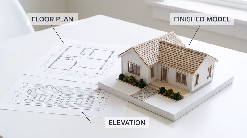 A Scout-built 1:48 house model beside matching floor plan and elevation drawings, with clean window openings and simple landscaping