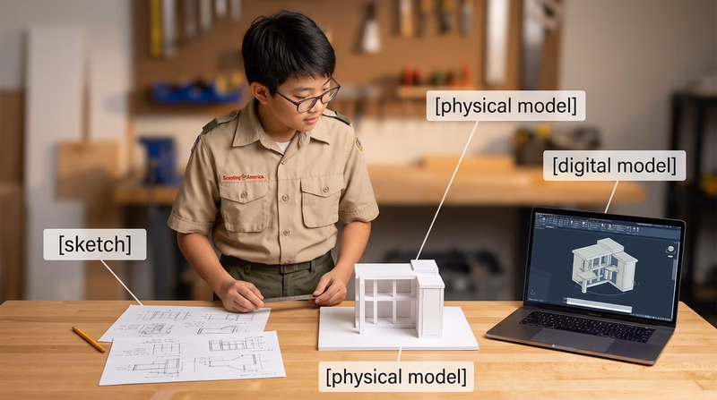 A Scout reviewing hand sketches, a foam-board house model, and a laptop 3D model on the same worktable