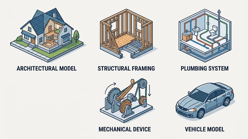 Five small labeled example models showing architectural, structural, process, mechanical, and industrial model types side by side