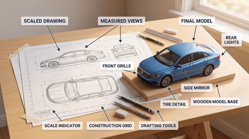 A measured passenger vehicle shown with side, front, rear, and top-view drawings beside a clean scaled model