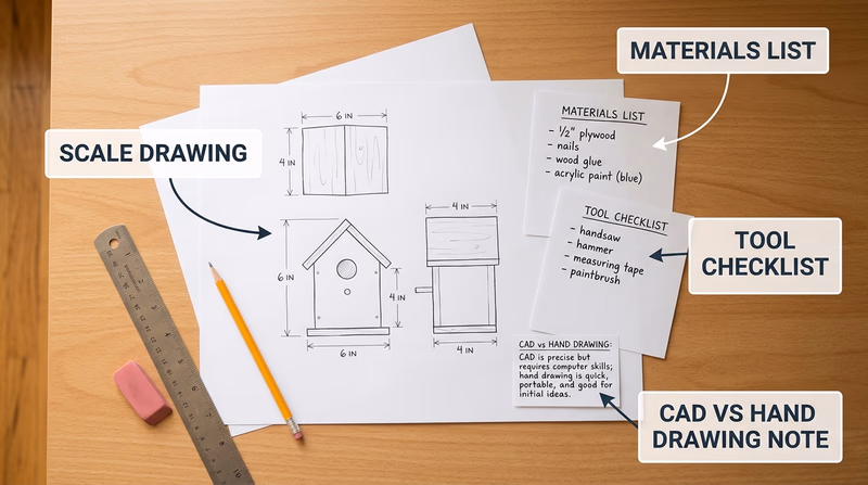 A Scout's project planning page with scale sketch, materials list, tool list, and notes about whether to use CAD or hand drawing
