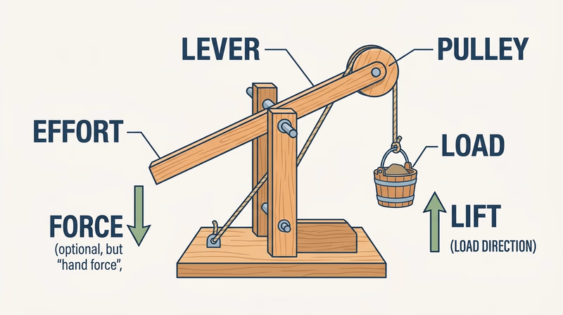 A Scout-built working mechanical model using a lever and pulley system to lift a small load, with motion arrows and labeled parts