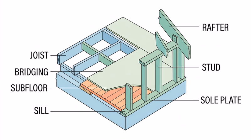 A 1:8 scale corner framing model with labeled joist, sill, sole plate, stud, subfloor, bridging, and rafter members