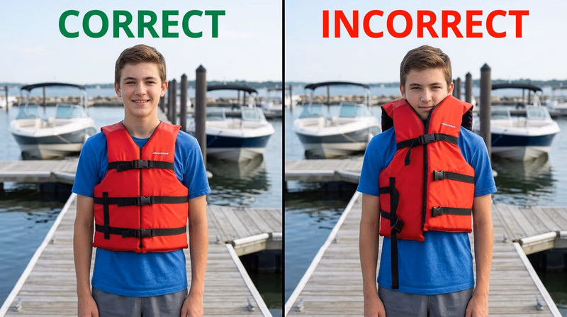 Side-by-side comparison of correct and incorrect motorboating life-jacket fit at a dock