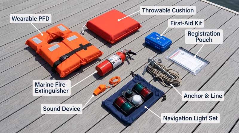 Annotated overhead photo of common required motorboat safety gear laid out on a dock