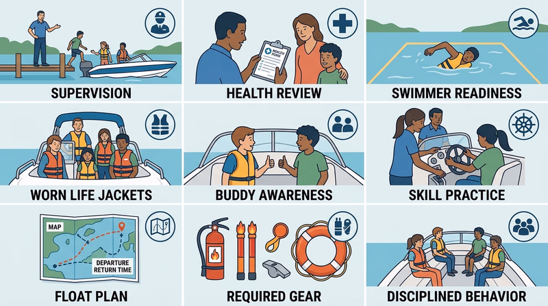Nine-panel visual guide showing the Safety Afloat points in a motorboating context