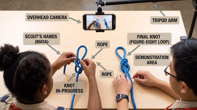 Overhead training video setup showing Scout hands demonstrating a knot for instruction