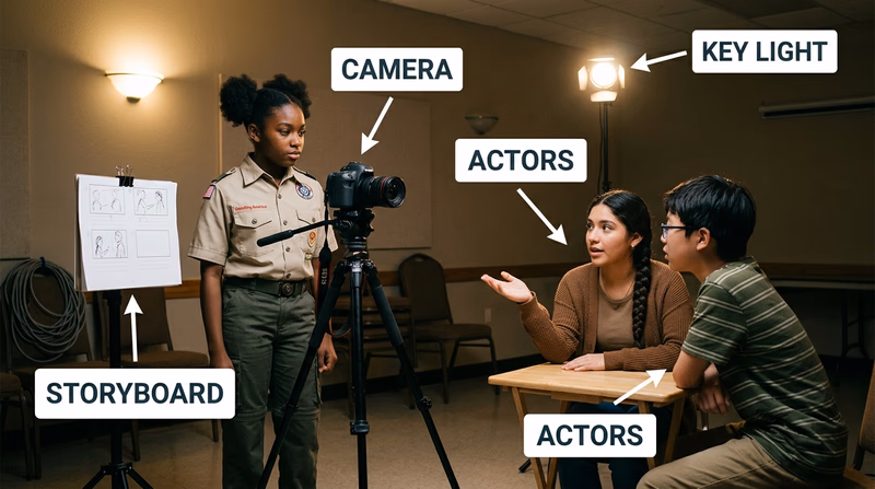 Small short-feature film set with Scout filmmaker, actors, tripod camera, and storyboard