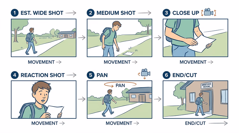 Six-panel storyboard example with rough sketch frames showing different shot types and movement