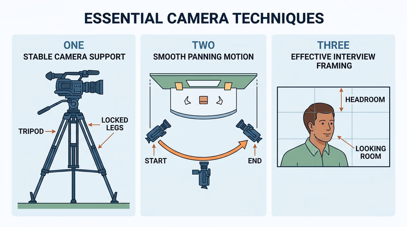 Three-panel diagram showing tripod setup, smooth pan movement, and proper interview framing