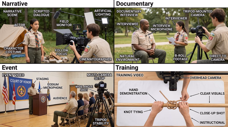 Four-panel collage comparing narrative, documentary, event, and training video setups in moviemaking