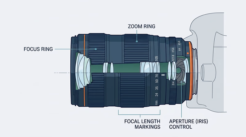 Diagram of a zoom lens labeled with zoom ring, focus ring, aperture area, and focal length markings