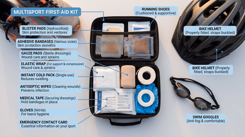 Open first-aid kit beside running shoes, bike helmet, and swim gear with key items visible for treating common multisport injuries