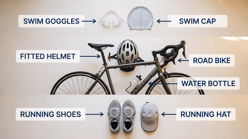 Flat lay of beginner multisport gear grouped into swim, bike, and run sections with the essential items for each discipline