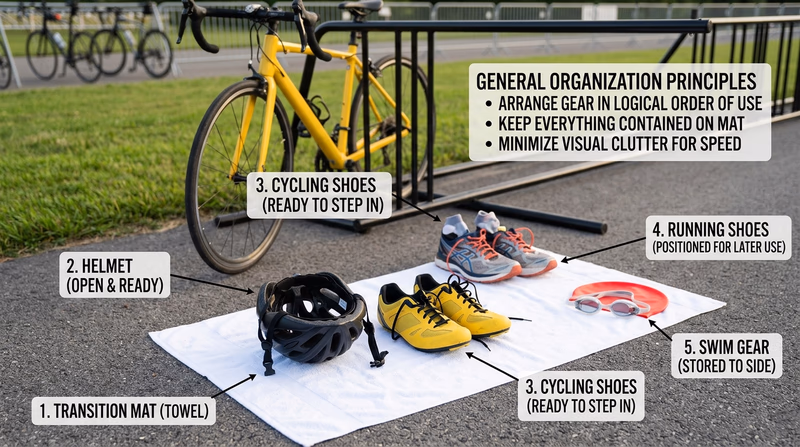 Neatly organized beginner transition area with swim gear, helmet, bike shoes, running shoes, and bike laid out in logical order